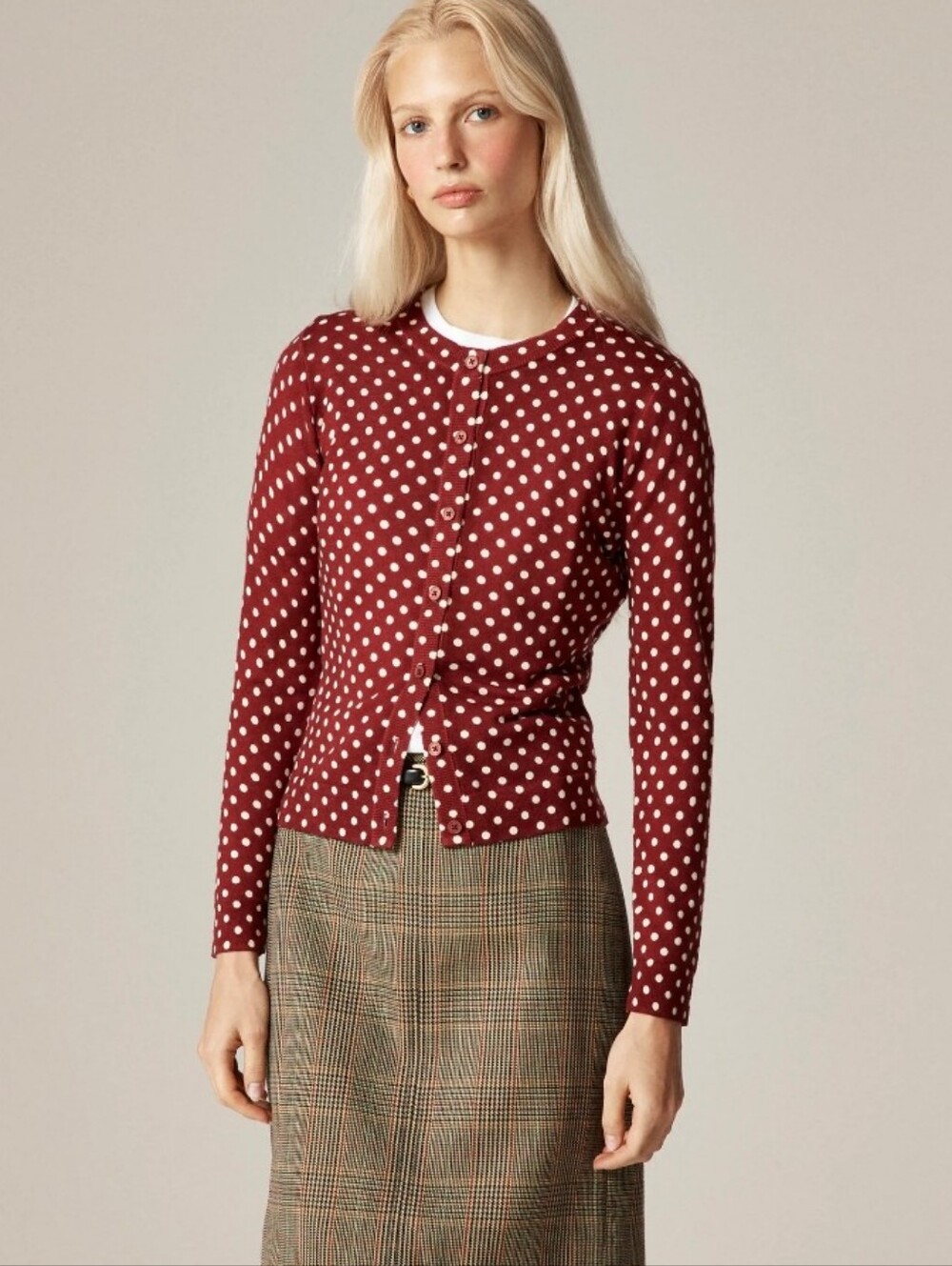 J. Crew Carolyn Cardigan Polka-dot Merino Wool Blend Slim Fit Sweater Preppy